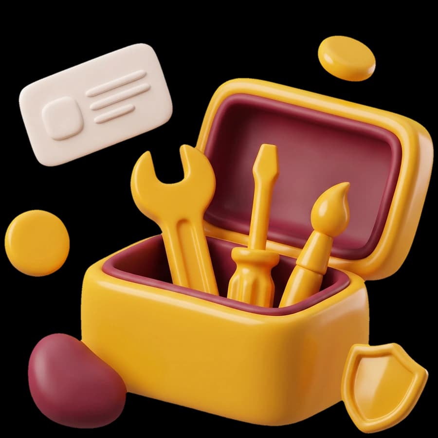 A glossy clay toolbox holding a wrench, screwdriver and paintbrush, with a card, a coin and a shield floating around it